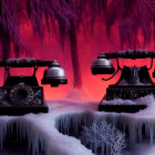 Vintage telephones on icy surfaces with surreal forest backdrop.