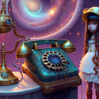 Whimsical artwork of girl with blue hair, vintage phone, quirky robot under cosmic sky