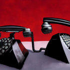 Vintage Black Rotary Telephones in Snow Against Dramatic Red Sky