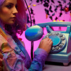 Rainbow-haired person with vintage blue rotary phone in pink and purple setting