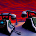 Vintage telephones in snowy landscape under red-orange twilight sky