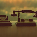 Vintage Rotary Phones with Handsets Balanced in Mid-Air Against Sunset Sky