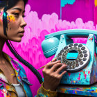 Blue-skinned woman with rotary phone on pink backdrop