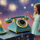 Young girl in blue dress blowing bubbles by vintage phone in cosmic setting