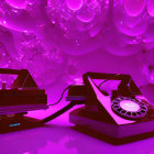 Vintage rotary phone and tape deck in purple light with glowing orbs backdrop