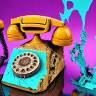 Vintage Telephone Floating Above Cube-Shaped Base on Purple Background