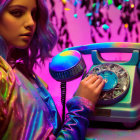 Colorful-Haired Person in Vibrant Room with Retro Telephone and Neon Lights