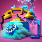 Vintage yellow telephone with lifted handset on blue rotary dial, surrounded by swirling smoke on pink background