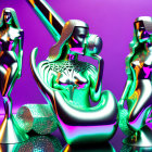 Iridescent Metallic Humanoid Sculptures in Vibrant Purple Setting