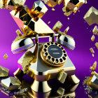 Luxurious Gold-Themed Watch Ad with Exploding Geometric Shapes on Purple Background