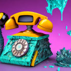 Vintage Yellow Rotary Dial Phone on Turquoise Base Against Purple Background