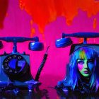 Vintage phones with melting pink wax and graphic of woman's face on vibrant backdrop