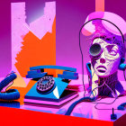 Detailed surreal illustration of retro phone, mannequin head with watch eyes, on purple backdrop