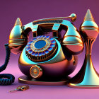 Vibrant surreal vintage rotary phone illustration on purple background