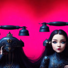 Stylized female characters with mechanical headpieces on vivid magenta background