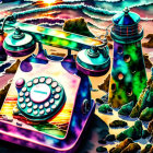 Colorful Psychedelic Rotary Phone with Surreal Landscapes & Lighthouse