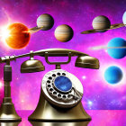 Vintage Black Rotary Telephone on Vibrant Outer Space Background