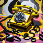 Colorful Retro Image: Gold Rotary Phone Off Hook on Abstract Background