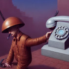 Vintage Outfit Person with Helmet Using Rotary Phone in Surreal Setting