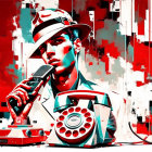 Stylized red and white artwork of woman in hat on rotary phone