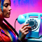 Colorful makeup woman with headphones holding vintage phone on vibrant background