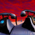 Vintage telephones in snowy landscape with red sky and silhouetted trees