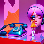 Colorful digital artwork: Stylized female figure with headphones and retro telephone on vibrant backdrop