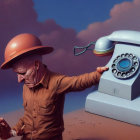 Elderly Man in Uniform with Vintage Telephone and Desert Mountains