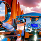 Vintage rotary phone reflecting desert landscape with red rock formations under blue sky.