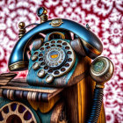 Vintage Rotary Telephone on Wooden Stand with Coiled Cord