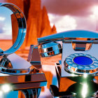 Circular screen futuristic phone on sandy terrain with mirrored surfaces, red drapes, and bright lights