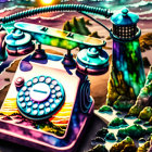 Colorful Vintage Telephone & Lighthouse Illustration with Surreal Patterns