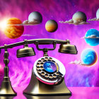 Surreal vintage rotary telephone with planets and moons on cosmic backdrop