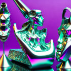 Vivid purple background with metallic green accents and fragmented crystalline humanoid shapes