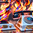 Surreal Artwork: Vintage Telephones in Vibrant Flames