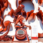 Vintage telephone morphs into woman's silhouette on surreal red and white background