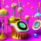 Colorful Surreal Still Life with Melting Phone, Candies, Mushrooms, and Striped