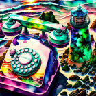 Colorful Psychedelic Artwork: Dial Telephone with Surreal Lighthouse, Skies, and