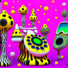 Colorful Abstract Digital Art: Psychedelic Landscape with Mushrooms and Surreal Creature