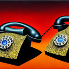 Vintage Telephones Connected with Gold Interiors on Red-Orange Gradient Background