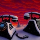 Vintage telephones in snow with mountains and red sky