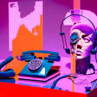 Colorful art installation with purple telephone, coiled cords, and stylized face sculpture.