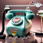 Vintage Turquoise Rotary Phone and Champagne Glass on Pink Background