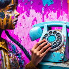 Girl with Painted Face Listening to Retro Blue Telephone in Vibrant Splattered Colors