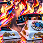 Colorful surreal rotary telephones with flame-like liquid swirls - a vibrant image.