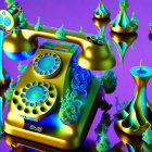 Vibrant 3D illustration of golden vintage rotary phone on purple background