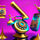 Surreal vintage gold telephone with payphone and smartphone on purple backdrop