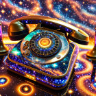 Vibrant cosmic illustration of vintage rotary phone in starry setting