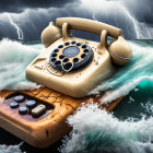 Vintage Rotary Telephone on Wooden Platform Amid Ocean Waves and Lightning