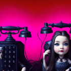 Animated girl with large eyes holding phone receiver surrounded by vintage telephones on magenta background